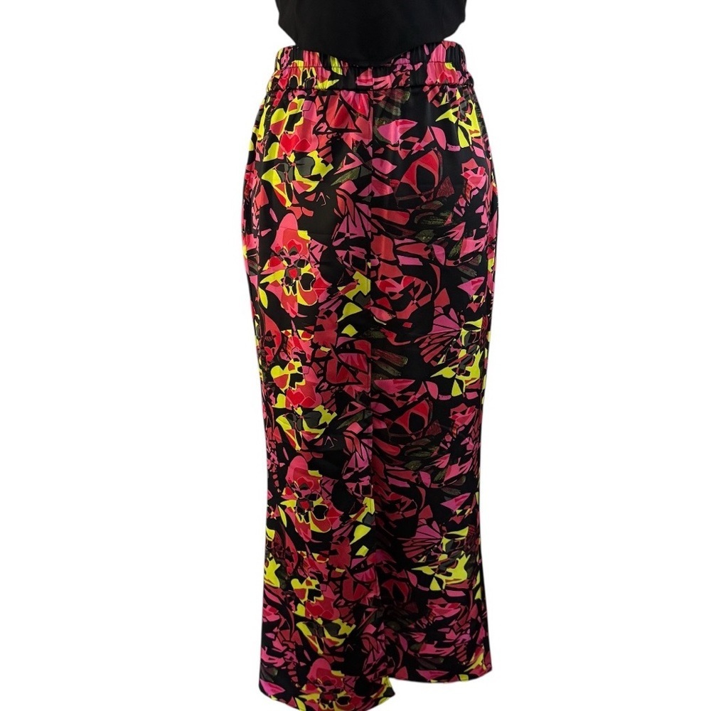 Open Edit Satin Floral Midi Skirt Black Pink Yellow XS - Picture 3 of 11